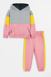 Girls Pink Multi Color Hoodie & Jogger Set-100% Cotton Fleece